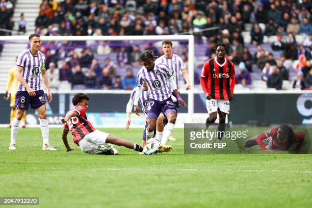 Vincent SIERRO - 28 Hicham BOUDAOUI - 37 Yann GBOHO during the Ligue 1 Uber Eats match between Toulouse and Nice at Stadium Municipal on March 3,...