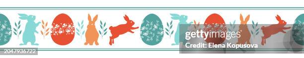 easter celebration concept in retro style. easter bunnies and easter eggs on a colored grunge background. easter spring seamless ribbon for holiday decoration. - easter vector stock illustrations