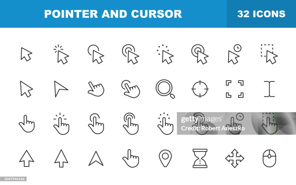 Zeiger- und Cursorzeilensymbole. Bearbeitbarer Strich. Enthält Symbole wie Touch-Geste, Auswahl, Computermaus, Pfeil, Finger, Sanduhr, Thumb, Mobile App, Interface-Design, Touchscreen.