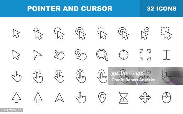 ilustraciones, imágenes clip art, dibujos animados e iconos de stock de iconos de puntero y línea de cursor. trazo editable. contiene iconos como gesto táctil, selección, ratón de ordenador, flecha, dedo, reloj de arena, pulgar, aplicación móvil, diseño de interfaz, pantalla táctil. - fisica
