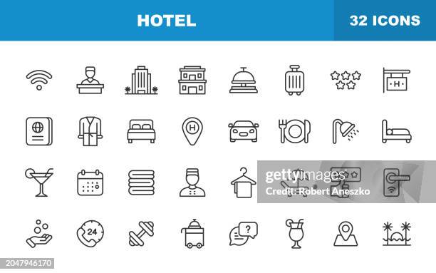 hotel line icons. editable stroke. contains such icons as service, luxury, hotel reception, taxi, restaurant, support, swimming pool, location, beach, breakfast, receptionist, hostel. - motel stock illustrations