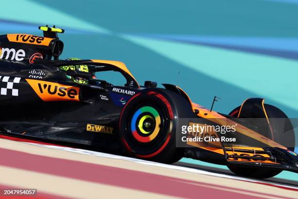 Lando Norris of Great Britain driving the McLaren MCL38 Mercedes on track during practice ahead of the F1 Grand Prix of Bahrain at Bahrain...