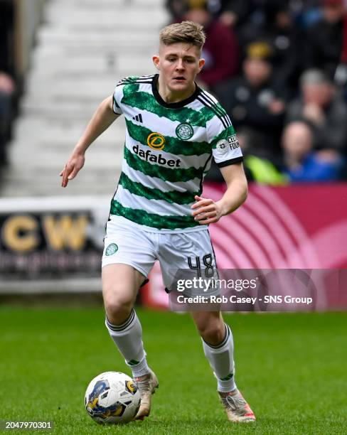 Celtic's Daniel Kelly in action during a cinch Premiership match between Heart of Midlothian and Celtic at Tynecastle Park, on March 03 in Edinburgh,...