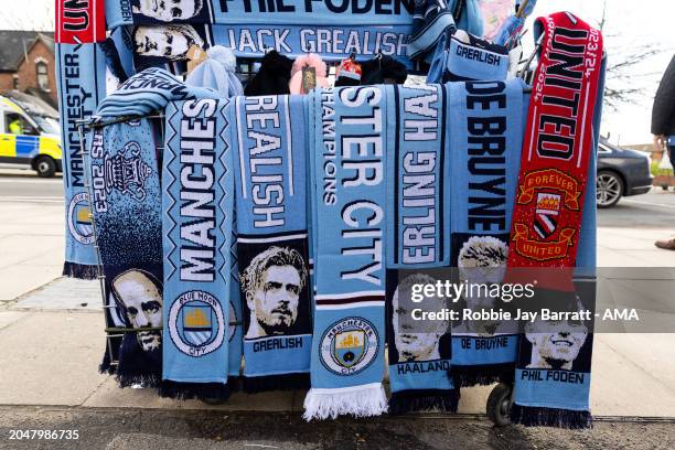 Merchandise stall selling half and half scarves ahead of the Manchester derby ahead of the Premier League match between Manchester City and...