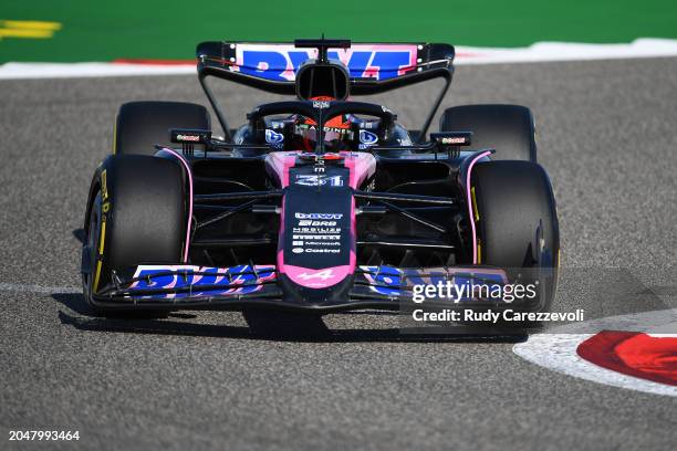 Esteban Ocon of France driving the Alpine F1 A524 Renault on track during practice ahead of the F1 Grand Prix of Bahrain at Bahrain International...