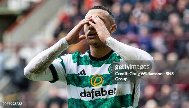 Celtic's Adam Idah looks dejected during a cinch Premiership match between Heart of Midlothian and Celtic at Tynecastle Park, on March 03 in...