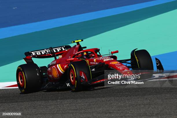 Carlos Sainz of Spain driving the Ferrari SF-24 on track during practice ahead of the F1 Grand Prix of Bahrain at Bahrain International Circuit on...