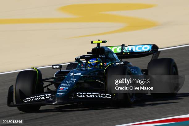 Fernando Alonso of Spain driving the Aston Martin AMR24 Mercedes on track during practice ahead of the F1 Grand Prix of Bahrain at Bahrain...