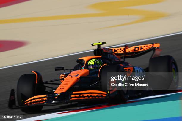 Lando Norris of Great Britain driving the McLaren MCL38 Mercedes on track during practice ahead of the F1 Grand Prix of Bahrain at Bahrain...