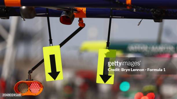Detailed view of signs in the Pitlane during practice ahead of the F1 Grand Prix of Bahrain at Bahrain International Circuit on February 29, 2024 in...