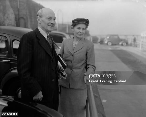 Clement Attlee with his wife Violet Attlee outside the Labour Party Annual Conference, Margate, Kent, October 10-14th 1955.