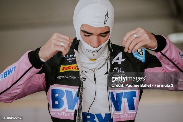 Nikola Tsolov of Bulgaria and ART Grand Prix prepares to drive in the garage during practice ahead of Round 1 Sakhir of the Formula 3 Championship at...