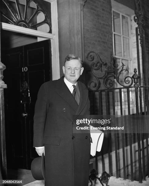 First Lord of the Admiralty Quintin Hogg, 2nd Viscount Hailsham outside 10 Downing Street, London, November 8th 1956.