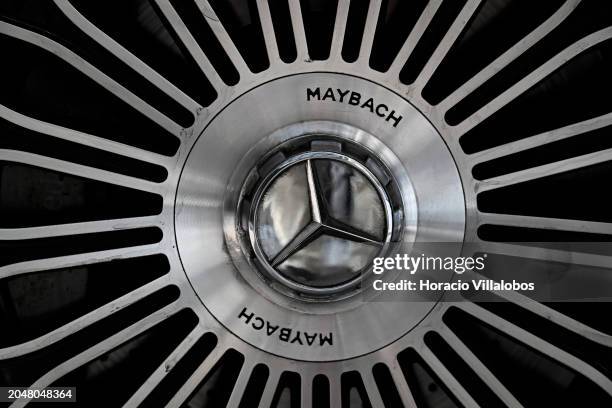 Hubcap of a parked Maybach luxury car in Al Taawun Street on February 29 in Sharjah, United Arab Emirates. Sharjah, the capital of the Emirate of...