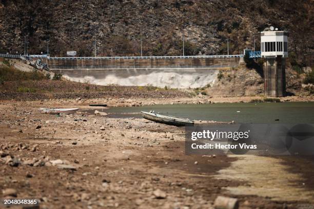 View of the curtain of the Miguel Alemán dam, which is at 31.4 percent of its total capacity on February 28, 2024 in Valle de Bravo, Mexico. Mexico...