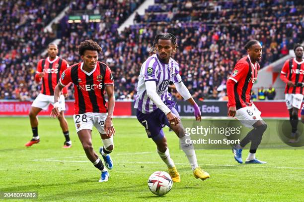 Yann GBOHO of Toulouse and Hicham BOUDAOUI, Pablo ROSARIO of Nice during the Ligue 1 Uber Eats match between Toulouse and Nice at Stadium Municipal...