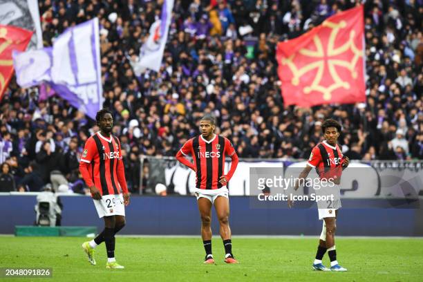 Evann GUESSAND, Jean-Clair TODIBO, Hicham BOUDAOUI of Nice looks dejected during the Ligue 1 Uber Eats match between Toulouse and Nice at Stadium...
