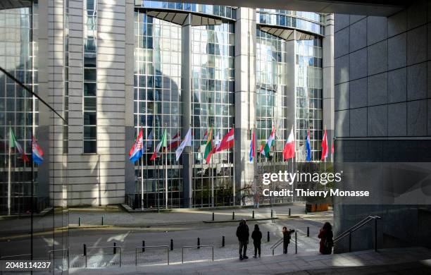 Tourists walk around the European Parliament on March 2, 2024 in Brussels, Belgium. The campaign for the European elections will take place from June...