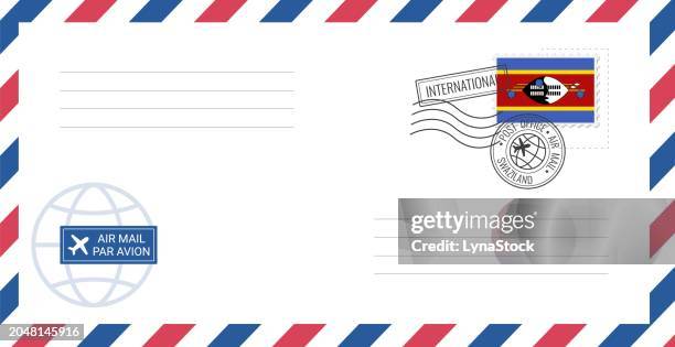 illustrazioni stock, clip art, cartoni animati e icone di tendenza di busta di posta aerea vuota con francobollo dello swaziland. illustrazione vettoriale della cartolina con la bandiera nazionale dello swaziland isolata su sfondo bianco. - timbro postale