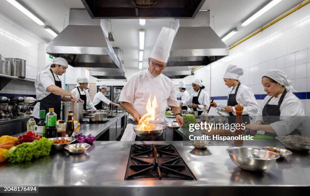chef en clase de cocina con un grupo de estudiantes universitarios - cocina restaurante fotografías e imágenes de stock