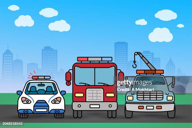 police car, fire truck and tow truck. - spartan cruiser stock illustrations