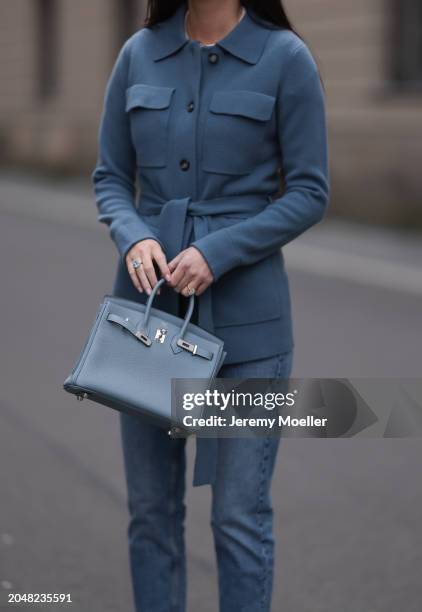 Leo Eberlin seen wearing Leo Mathild diamond jewelry, Leo Mathild x Allude blue cashmere wool cardigan jacket, Zara blue denim straight leg jeans /...