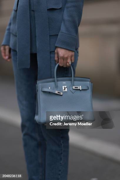 Leo Eberlin seen wearing Leo Mathild diamond jewelry, Leo Mathild x Allude blue cashmere wool cardigan jacket, Zara blue denim straight leg jeans /...