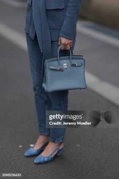 Leo Eberlin seen wearing Leo Mathild diamond jewelry, Leo Mathild x Allude blue cashmere wool cardigan jacket, Zara blue denim straight leg jeans /...