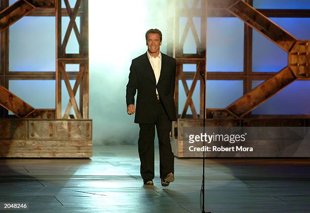 Actor Arnold Schwarzenegger presents the Taurus Honorary Lifetime Achievement Award on stage during the 3rd Annual Taurus World Stunt Awards at...
