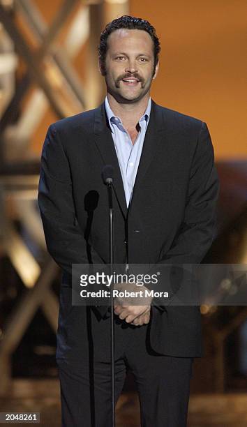 Actor Vince Vaughn presents the "Best Fire Stunt" award on stage during the 3rd Annual Taurus World Stunt Awards at Paramount Studios June 1, 2003 in...