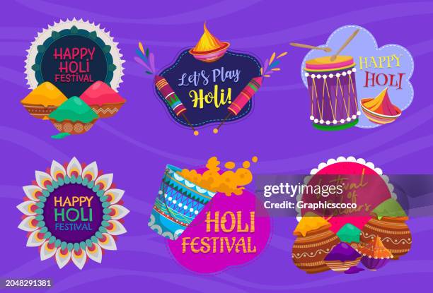 diverses abzeichen des holi-festivals mit dem text happy holi festival - thailändische kultur stock-grafiken, -clipart, -cartoons und -symbole