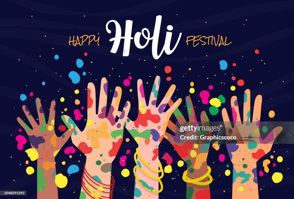 Blue poster of Holi Festival with text Happy Holi Festival and many hands sprinkling various colored dust.