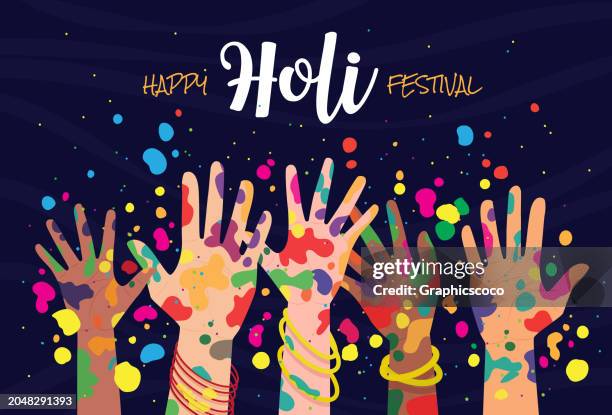 blue poster of holi festival with text happy holi festival and many hands sprinkling various colored dust. - powder paint 幅插畫檔、美工圖案、卡通及圖標