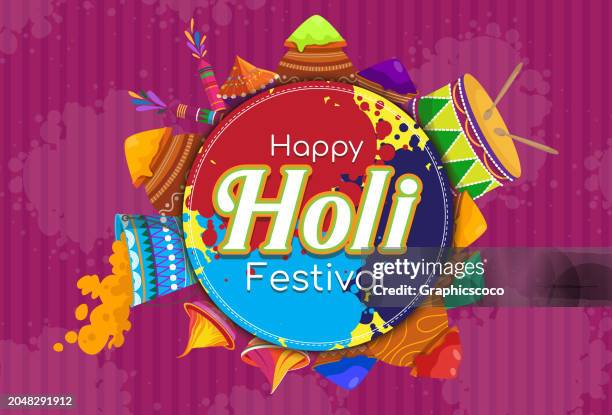 poster des holi-festivals mit dem text happy holi festival und den bei der veranstaltung verwendeten gegenständen - farbpulver stock-grafiken, -clipart, -cartoons und -symbole