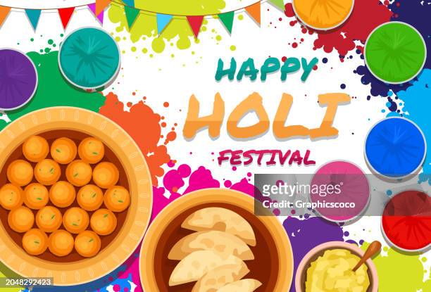 holi festival poster with text happy holi festival and items used in the event - holi vector stock illustrations