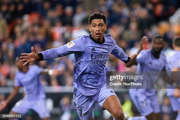Jude Bellingham of Real Madrid is reacting during the LaLiga EA Sports match between Valencia CF and Real Madrid at Mestalla Stadium in Valencia,...