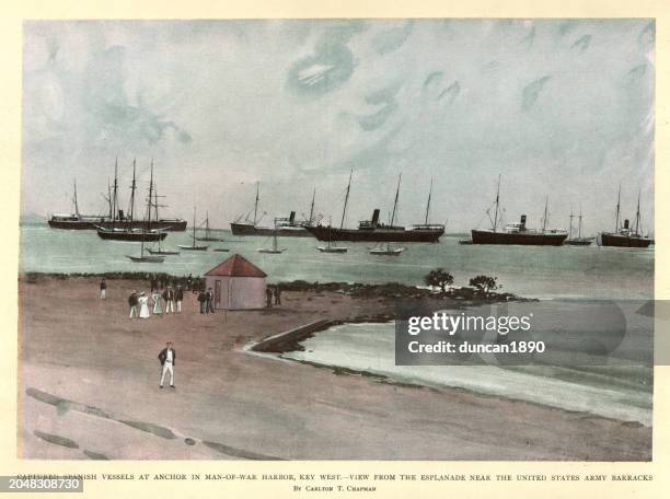 gekaperte spanische schiffe vor anker im kriegshafen von key west, spanisch-amerikanischer krieg, militärgeschichte der 1890er jahre des 19. jahrhunderts - kriegsgefangener stock-grafiken, -clipart, -cartoons und -symbole