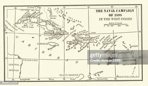 map of the naval campaign of 1898 in the west indies, spanish–american war, 1890s 19th century military history - hispaniola stock illustrations