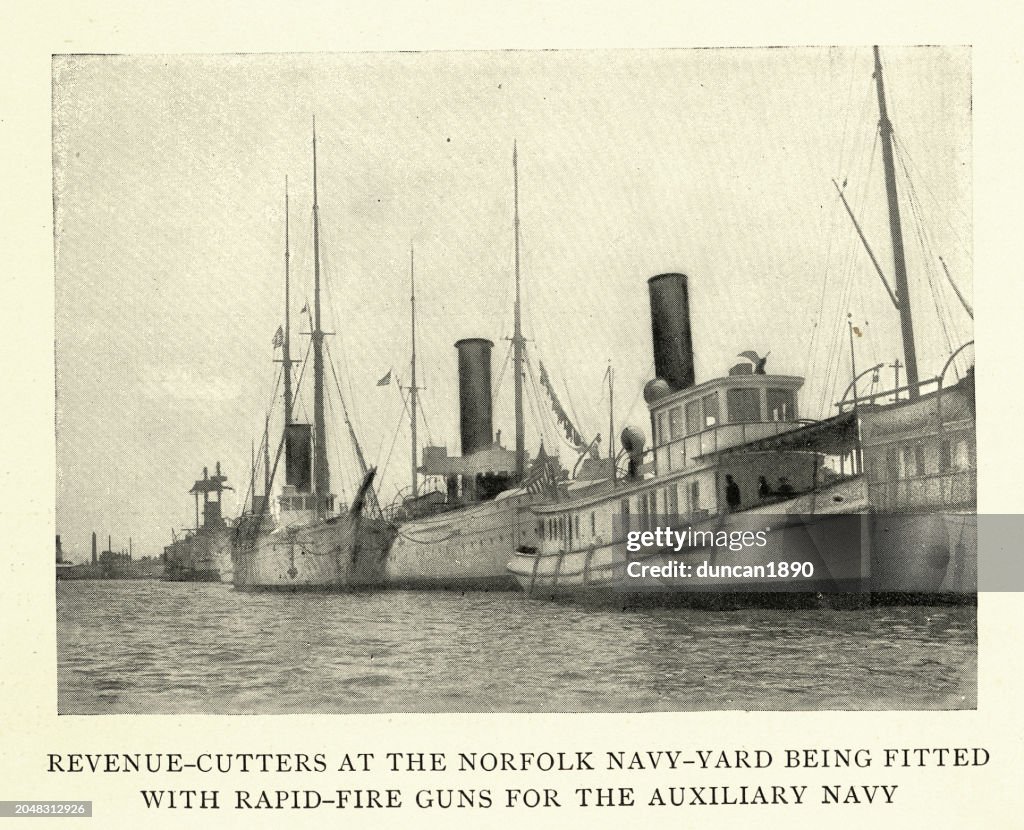 Revenue cutters at Norfolk navy yard fitted with rapid fire guns, Auxiliary Navy, Spanish–American War, 1890s 19th Century Military History, Vintage photograph