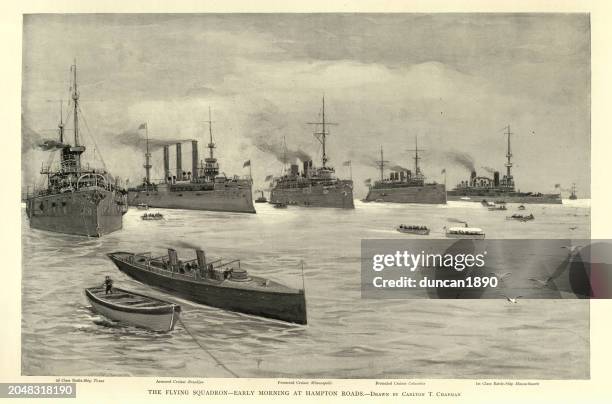 us navy warships, commodore schley's flying squadron, at hampton roads, spanish–american war, 1890s 19th century military history - us navy stock illustrations