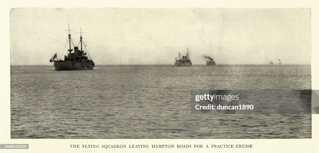 US Navy warships, Commodore Schley's Flying Squadron, leaving Hampton Roads, Spanish–American War, 1890s 19th Century Military History, Vintage photograph