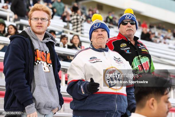 Fans stand for a restart during The LiUNA NASCAR Xfinity Series Race on March 2 at the Las Vegas Motor Speedway in Las Vegas, NV.