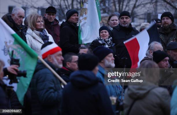 Supporters of the far-right "Freie Sachsen" movement protest outside the Kulturarena Kraftwerk-Mitte venue where inside German Chancellor Olaf Scholz...