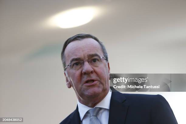 German Defence Minister Boris Pistorius speaks to the media following the recent revelation that Russian intelligence services had eavesdropped on a...