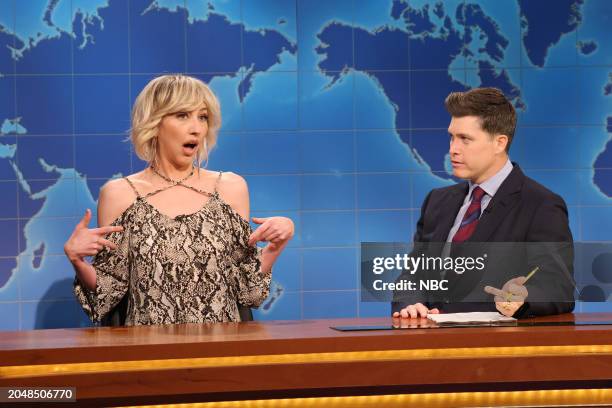 Episode 1857 -- Pictured: Heidi Gardner as Woman Who Is Aging Gracefully and anchor Colin Jost during Weekend Update on Saturday, March 2, 2024 --