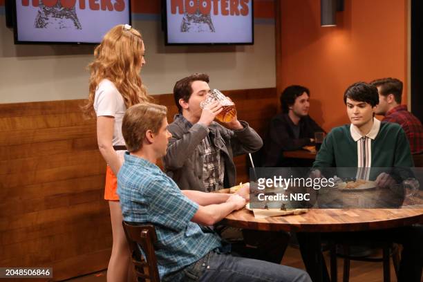 Episode 1857 -- Pictured: Chloe Fineman as Sarah, Mikey Day, Andrew Dismukes and Michael Longfellow during the "Hooters Waitress" sketch on Saturday,...