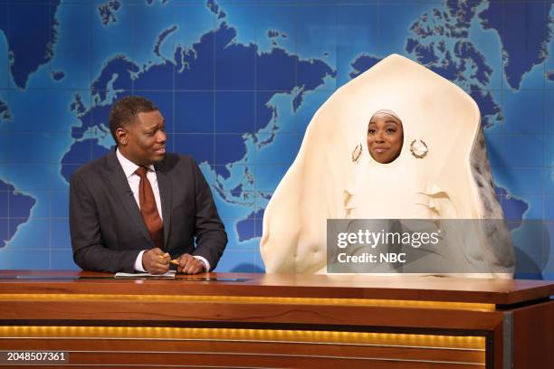 Episode 1857 -- Pictured: Anchor Michael Che and Ego Nwodim as Charlotte the Stingray during Weekend Update on Saturday, March 2, 2024 --