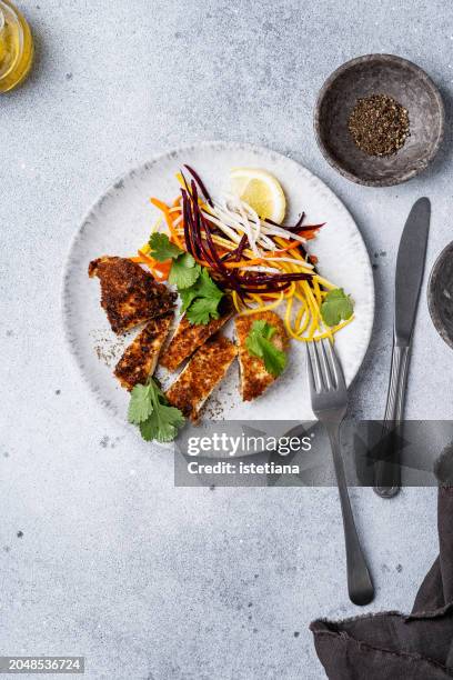 chicken schnitzel and julienne strips of purple, yellow, orange, white carrots salad - chicken strip stock pictures, royalty-free photos & images