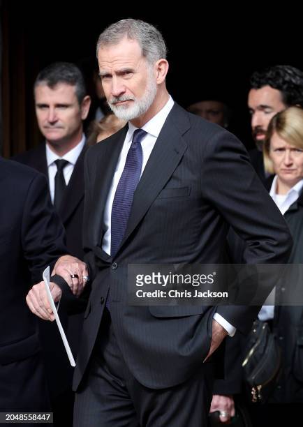 Felipe VI of Spain departs the Thanksgiving Service for King Constantine of the Hellenes at St George's Chapel on February 27, 2024 in Windsor,...