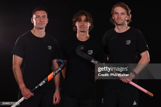 Jake Smith, Isaac Houlbrooke and Blair Tarrant pose during a NZOC Paris Workshop on February 28, 2024 in Auckland, New Zealand.